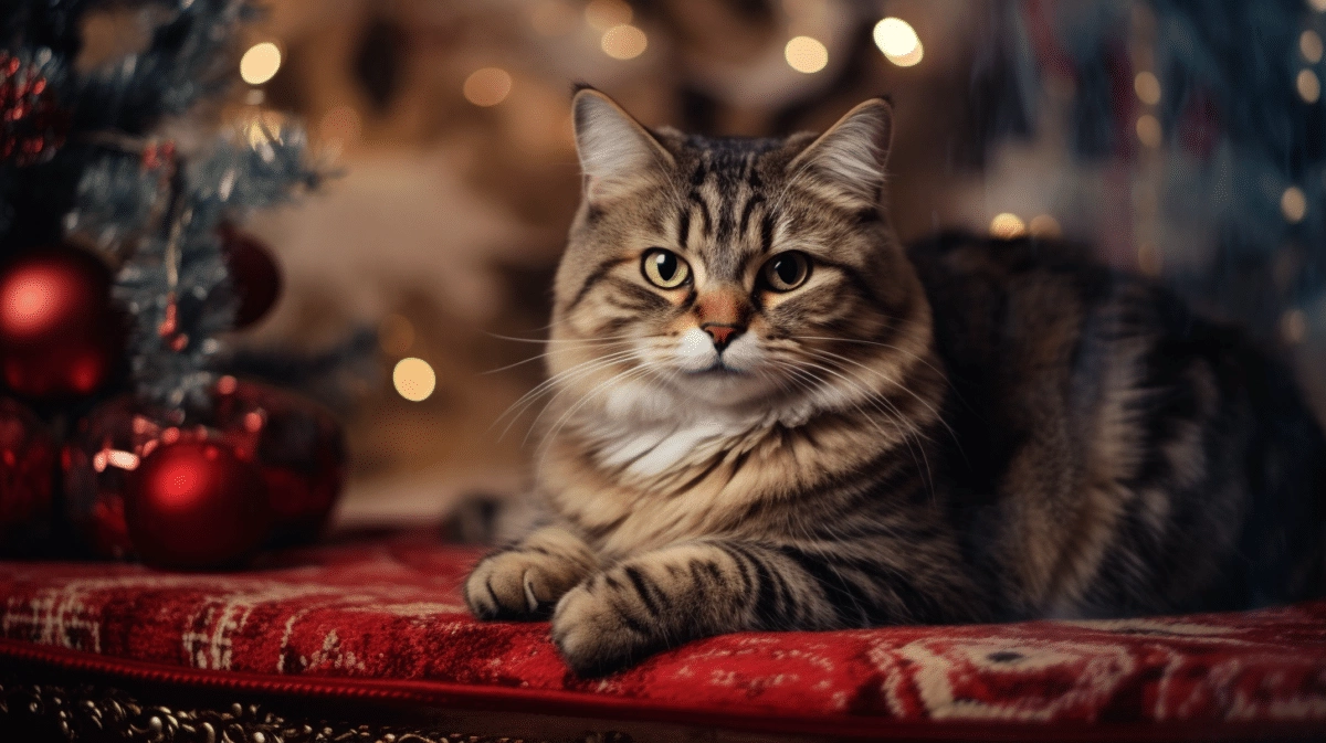 A tabby cat sitting on a red rug in front of a christmas tree.