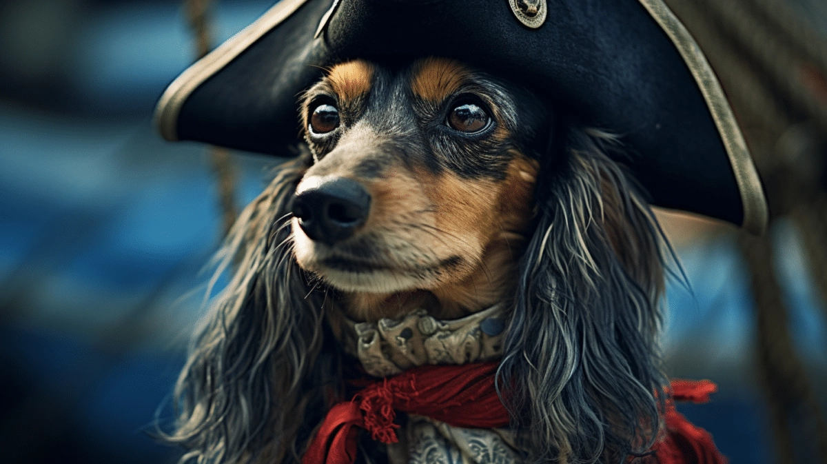 A dachshund in a pirate hat.