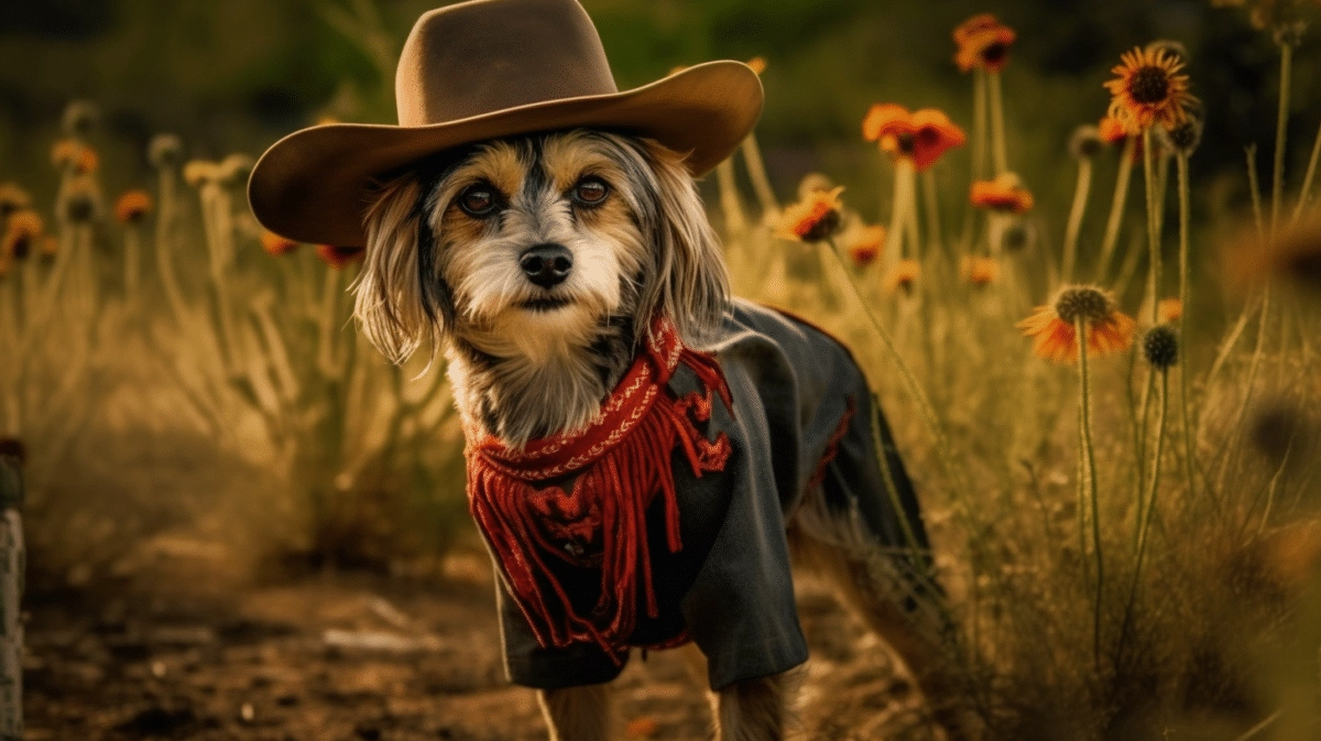 A dog in a cowboy hat standing in a field.