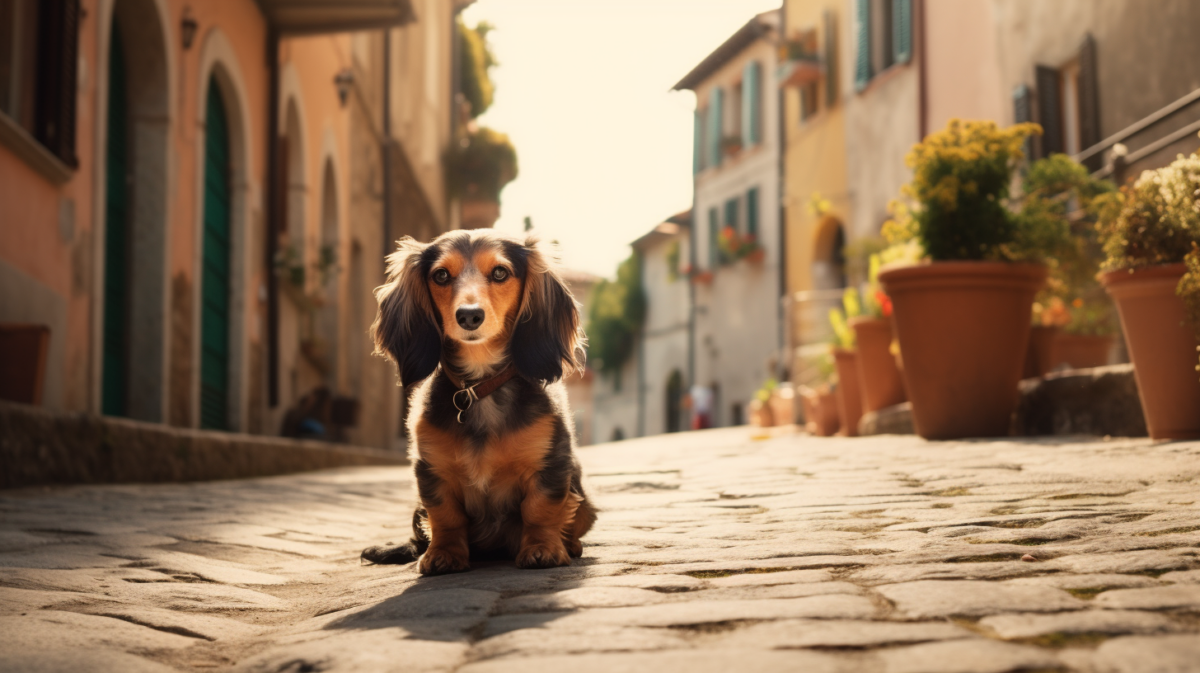 Dachshund dog sitting on a cobblestone street in tuscany.