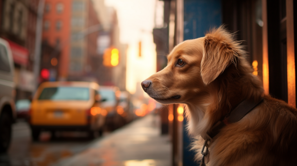 A dog looking out a window on a city street.