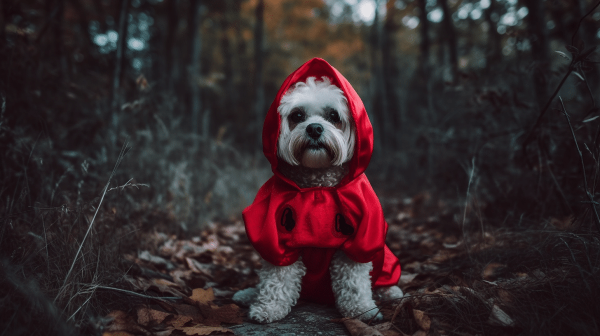 A dog in a red riding hood costume sitting in the woods.