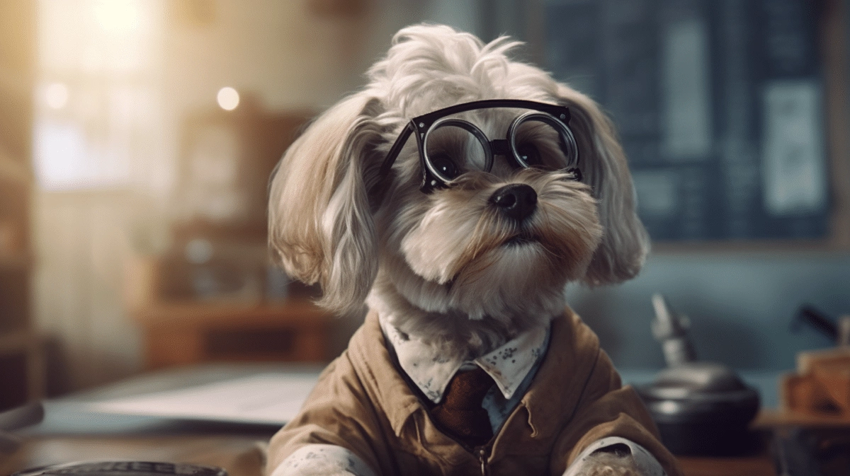 A dog wearing glasses sitting at a desk.