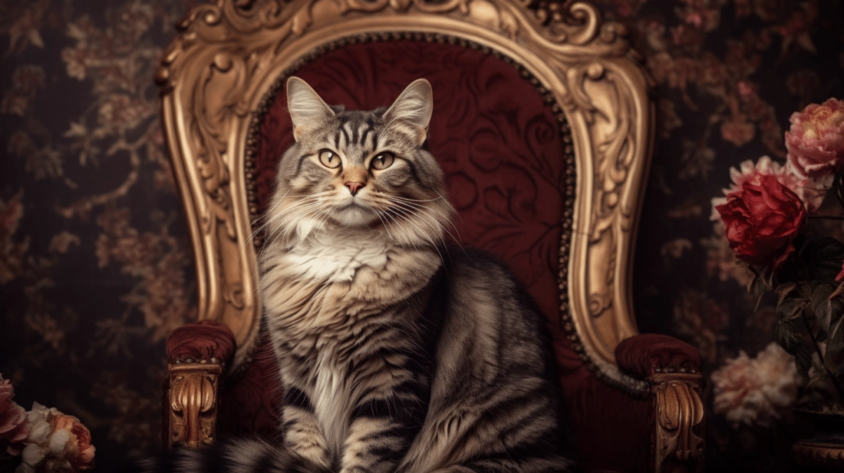 A tabby cat sitting on an ornate chair.