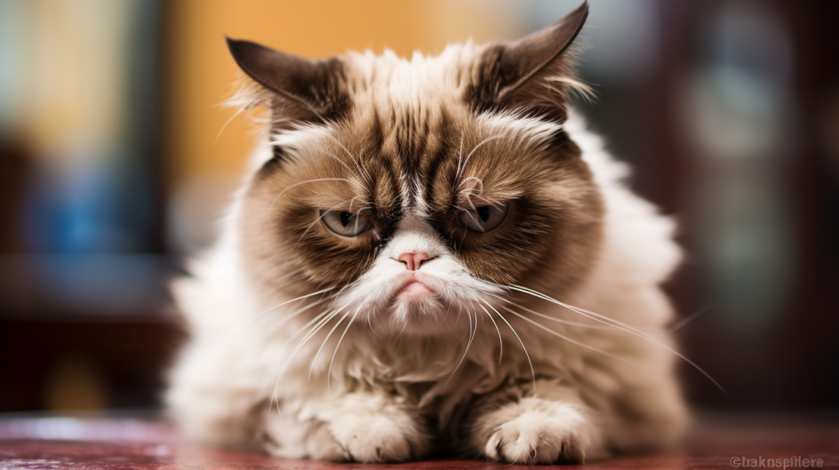 A grumpy cat sitting on a wooden table.