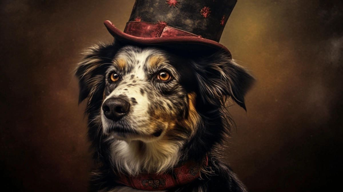 A dog wearing a top hat on a dark background.