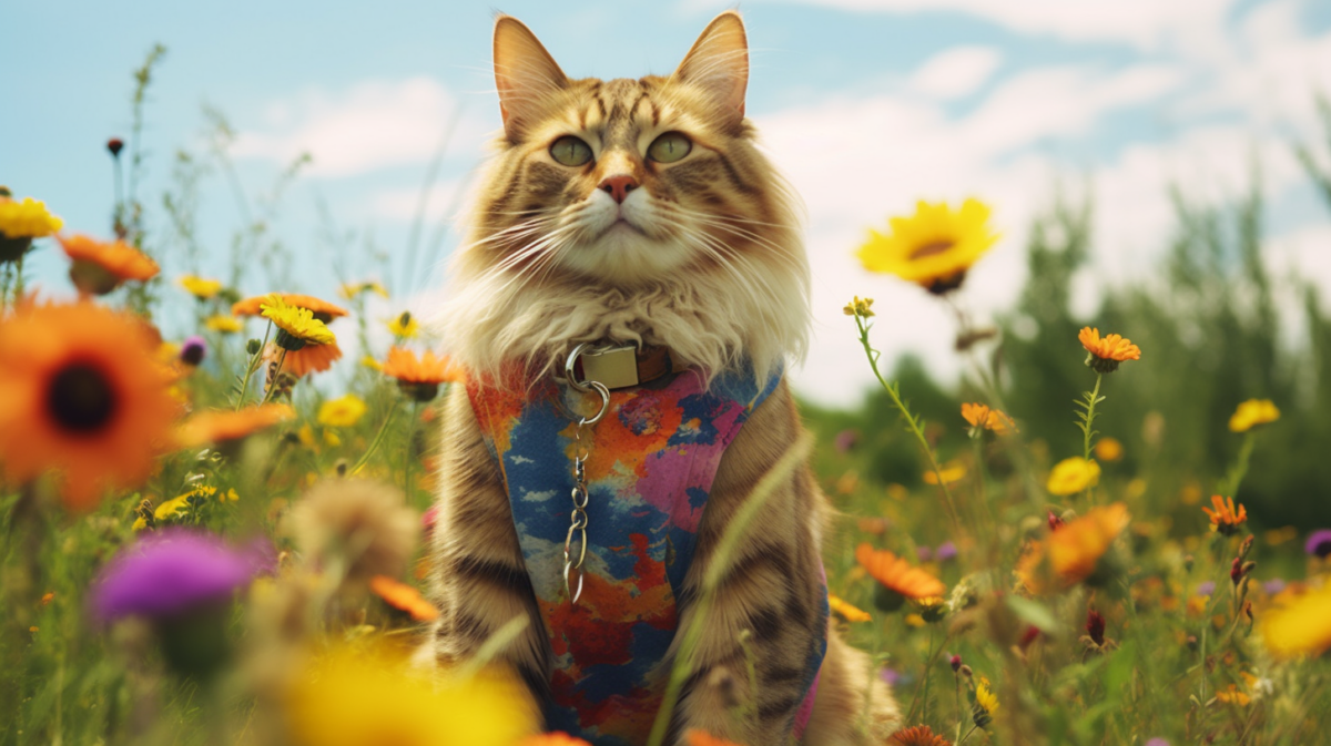 A cat sitting in a field of flowers.
