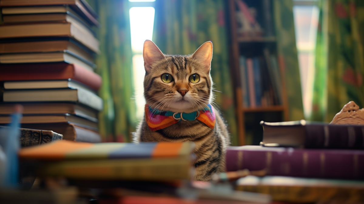 A tabby cat wearing a colorful bow tie in front of books.