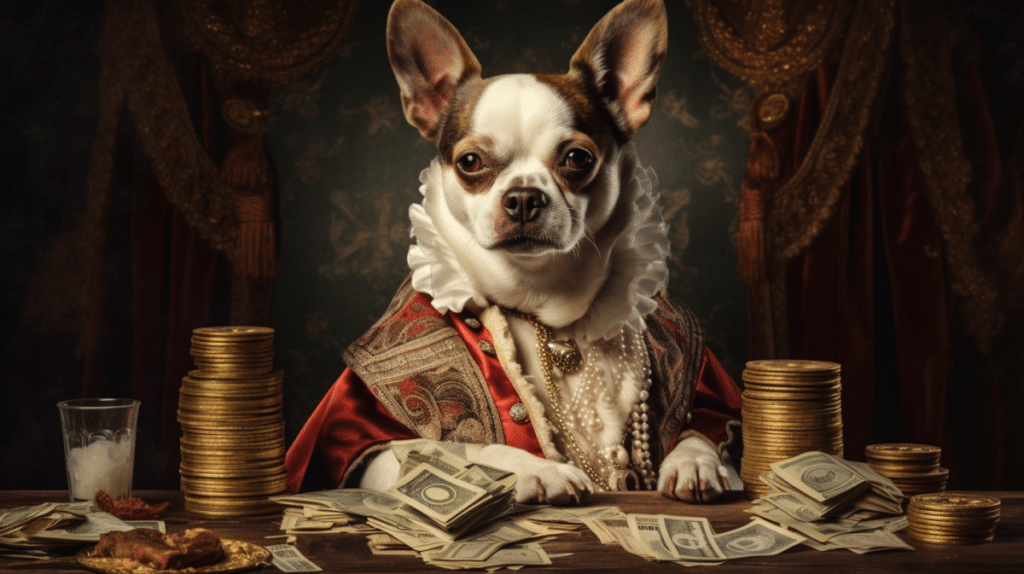 A boston terrier sitting at a table with money.