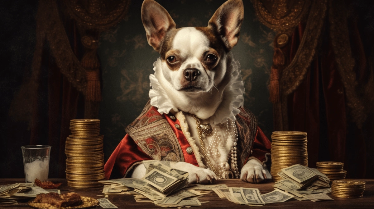A boston terrier sitting at a table with money.