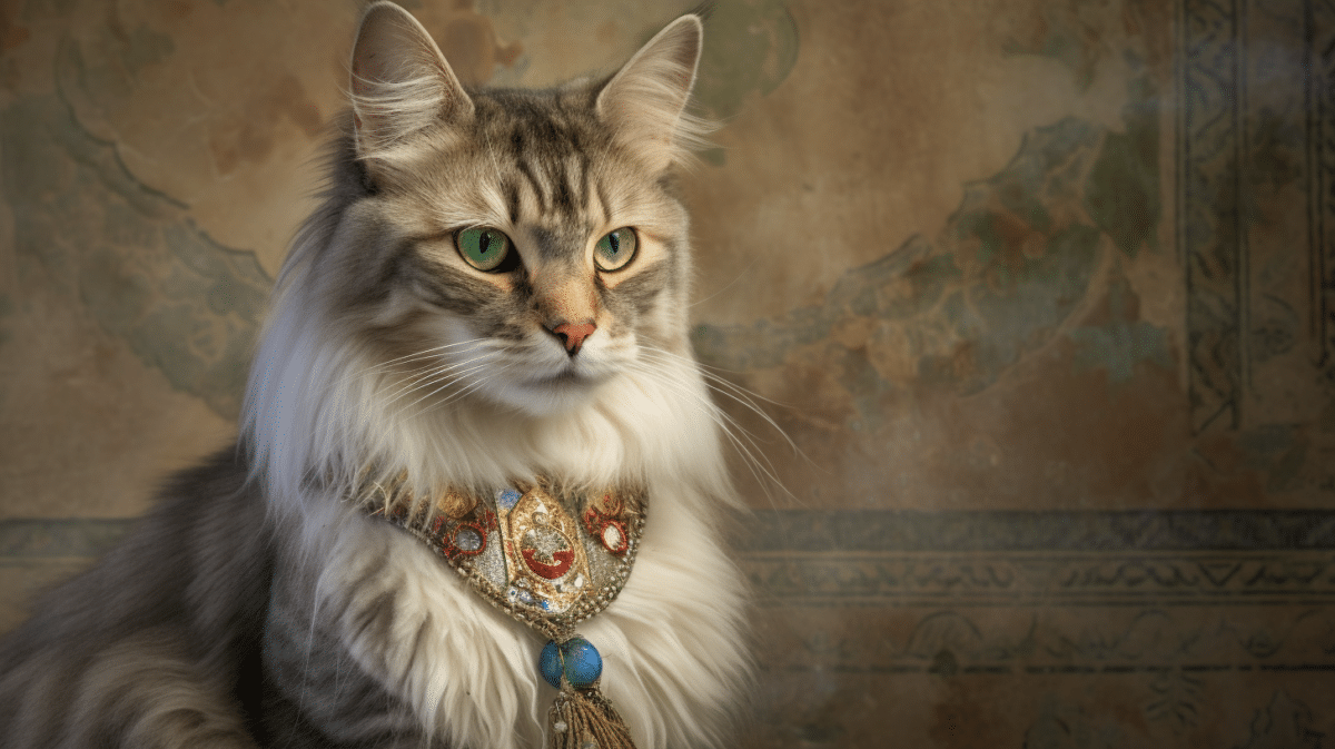 A cat with a necklace sitting in front of an ornate background.