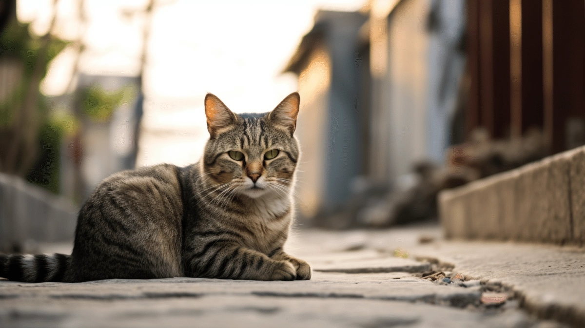 A tabby cat is sitting on a cobblestone street.