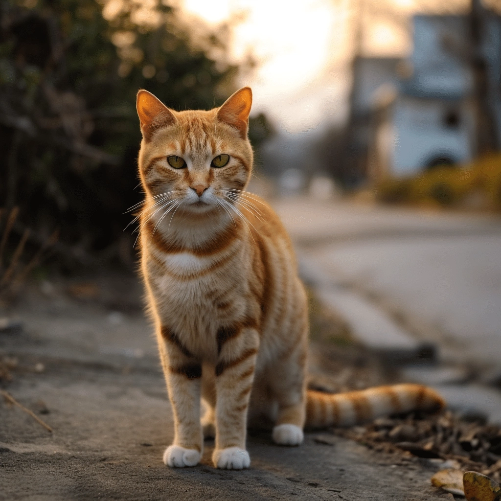 An orange and white cat standing on a street.