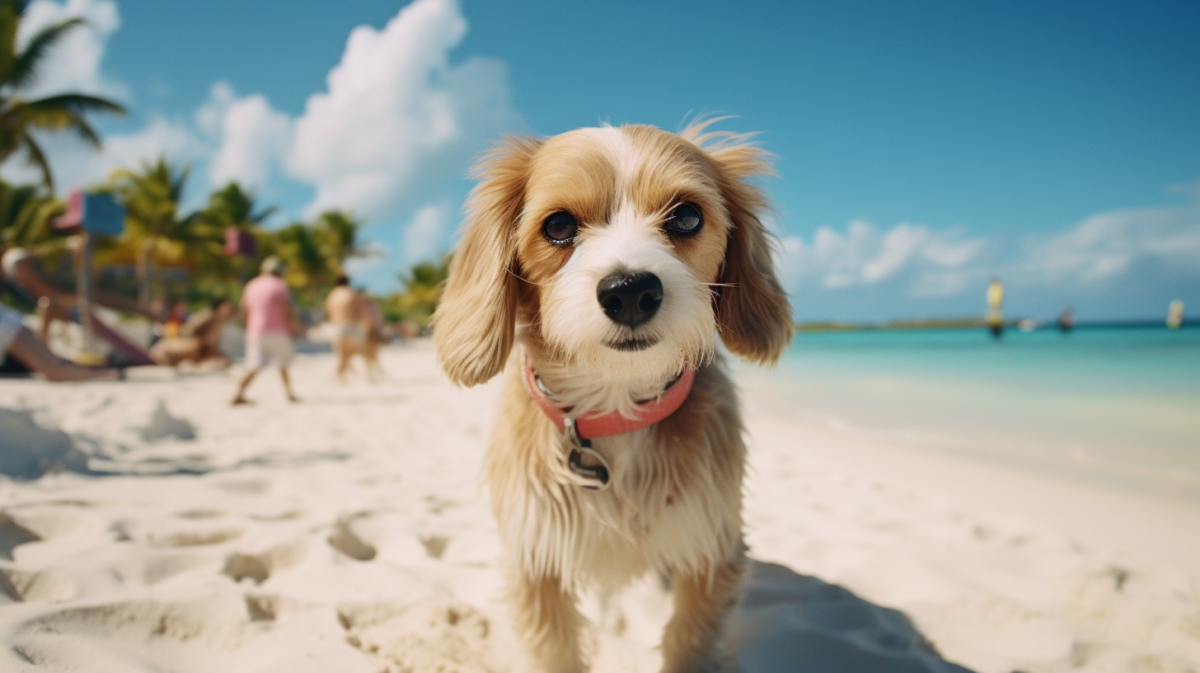 A small dog standing on a sandy beach.