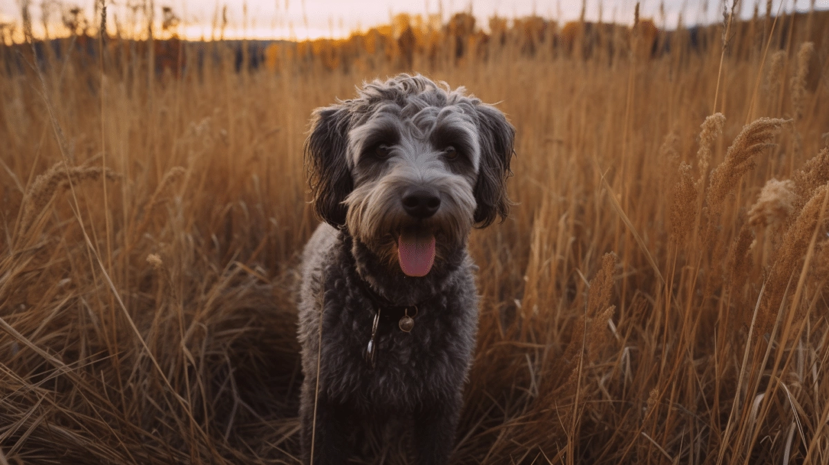 A dog standing in a field of tall grass.