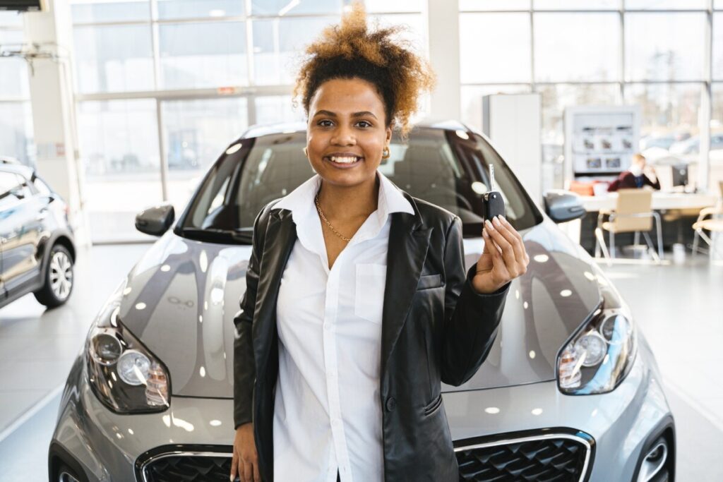 Smiling Woman Bought a Brand New Car