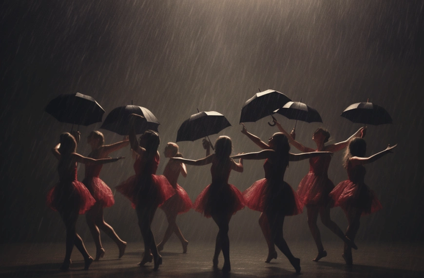 A group of dancers holding umbrellas in the rain.