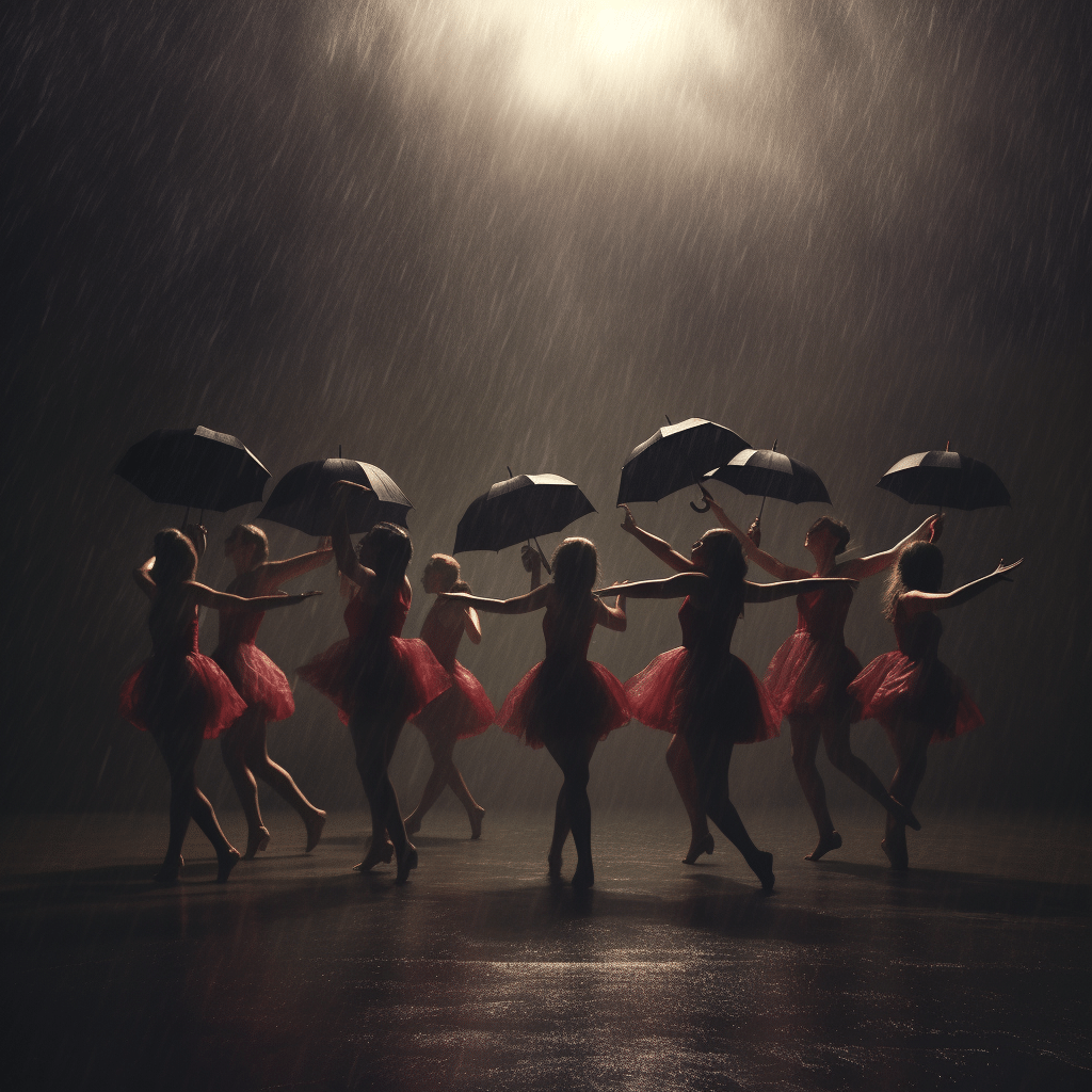 A group of dancers holding umbrellas in the rain.