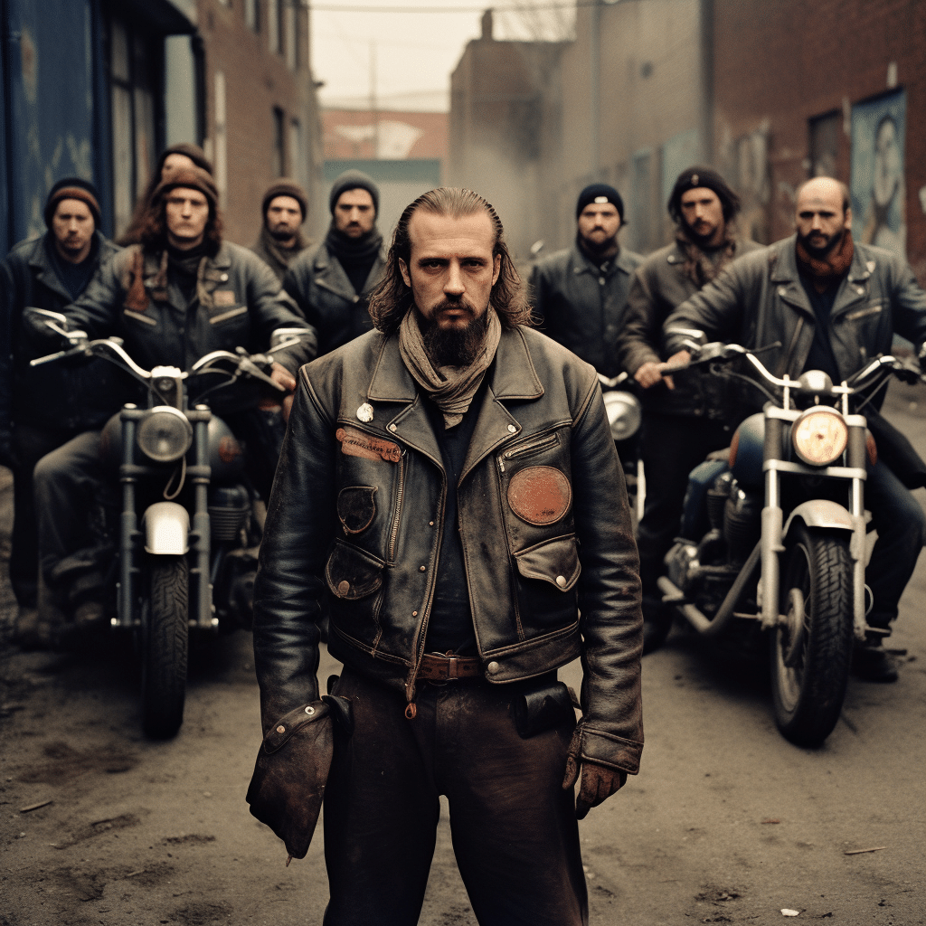 The man is wearing a leather jacket.