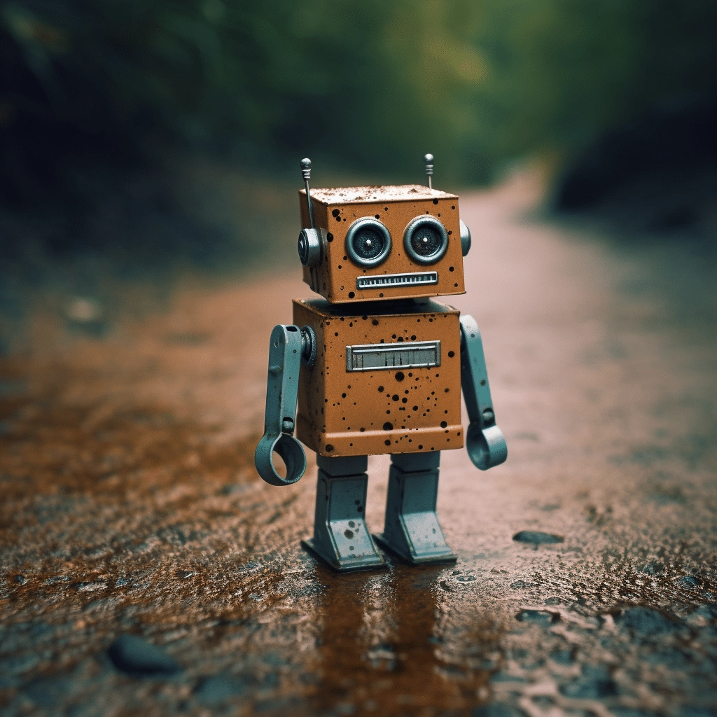 A toy robot standing on a muddy path.