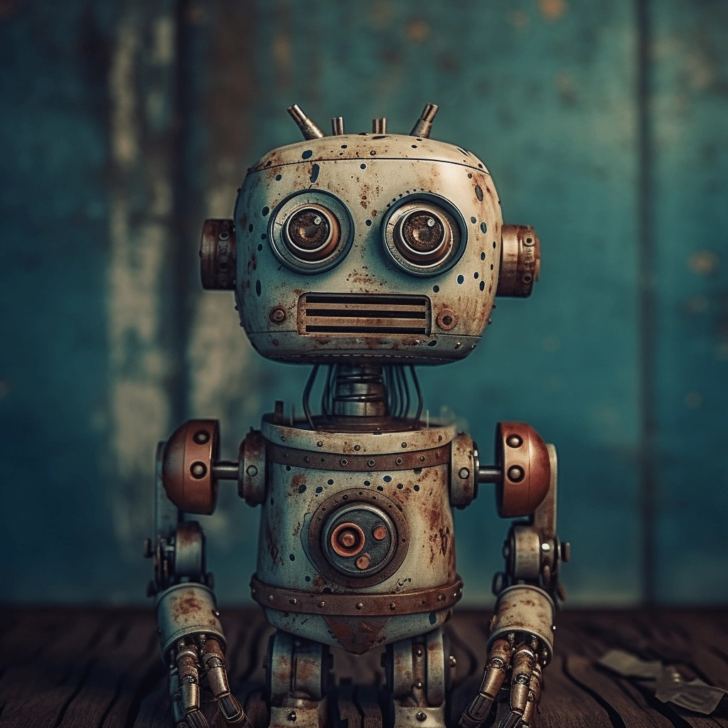 A rusty robot sitting on a wooden table.