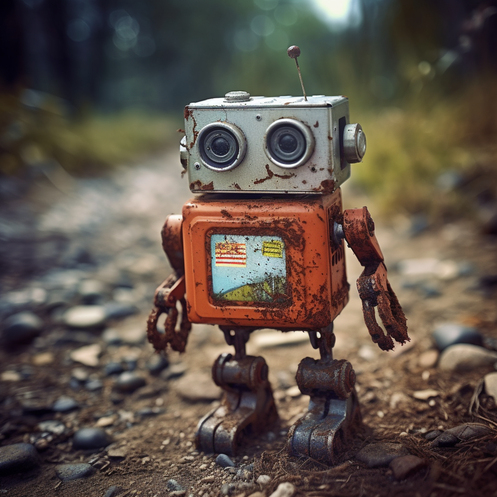 A rusty robot standing on a dirt road.
