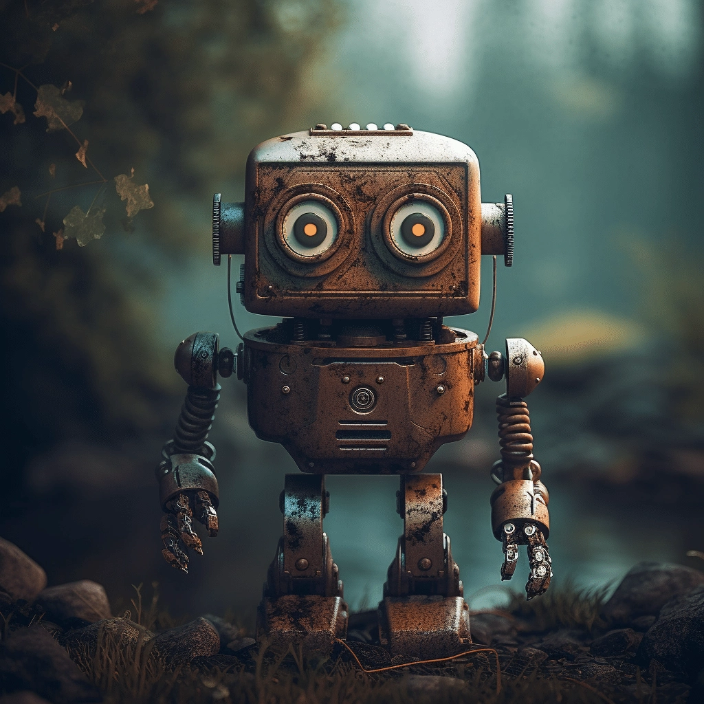 A rusty robot standing in the woods.