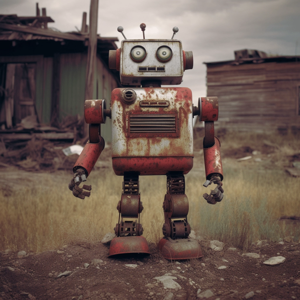 An old rusty robot standing in front of a house.