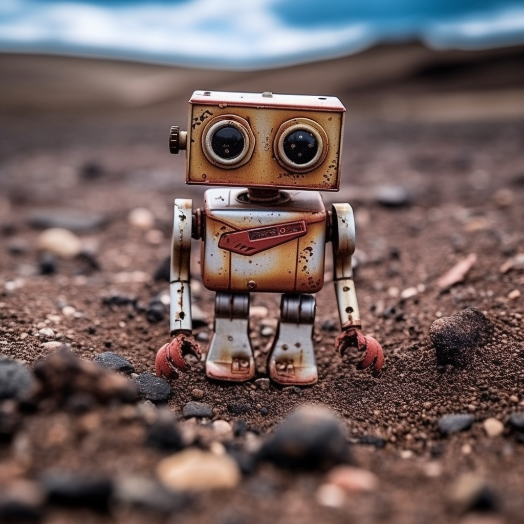 A small rusty robot standing in a dirt field.