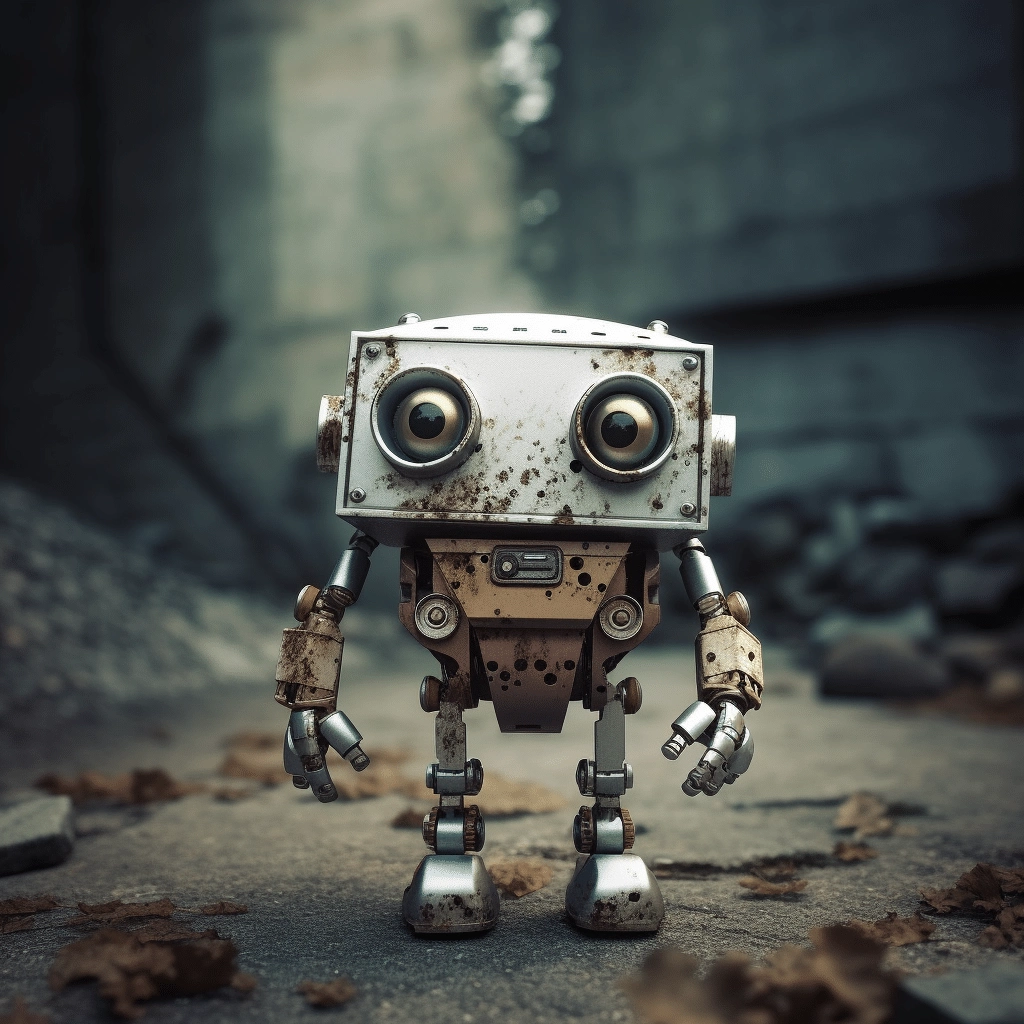 A rusty robot standing on a dirt road.