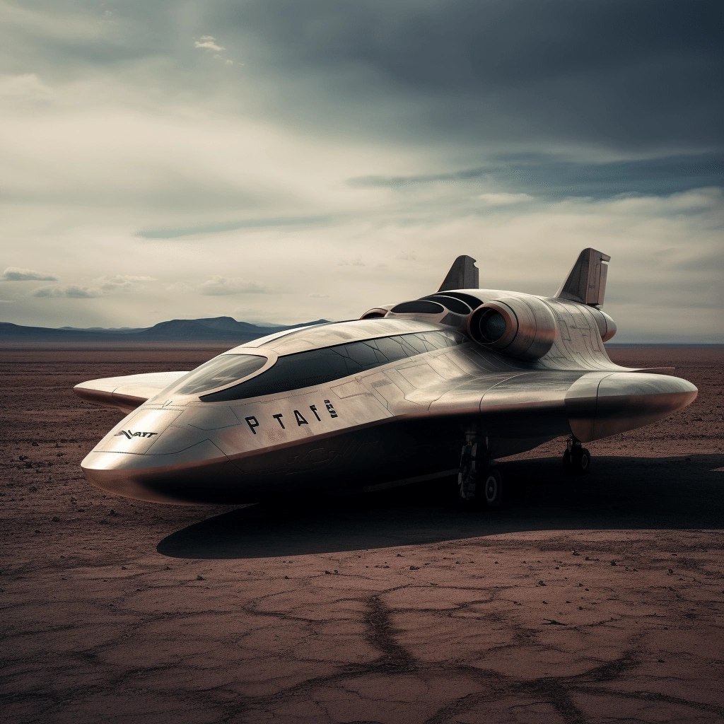 A silver spacecraft sits in the middle of a desert.