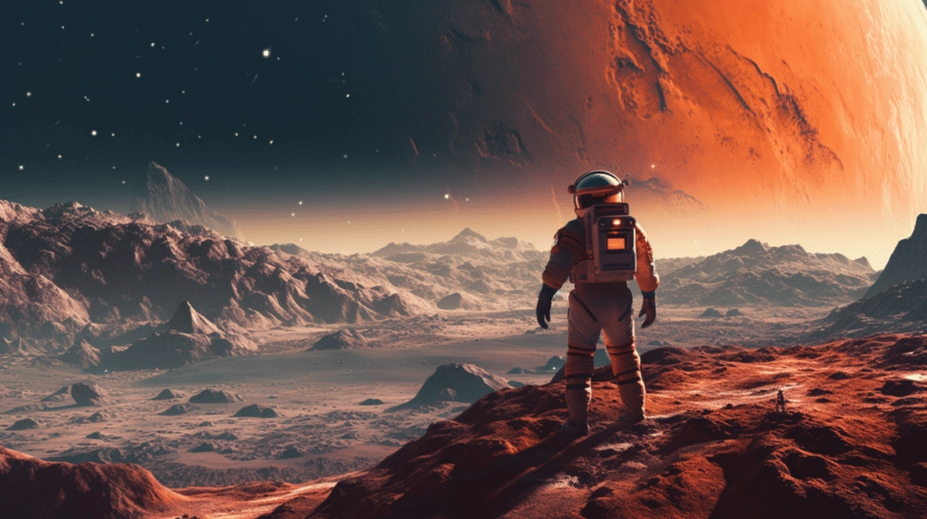A man is standing on a red planet.