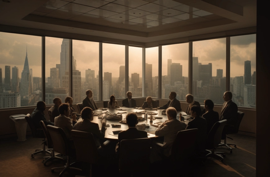 A group of people sitting around a table in a conference room.