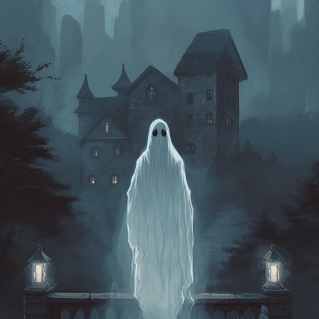 A ghost standing in front of a castle.