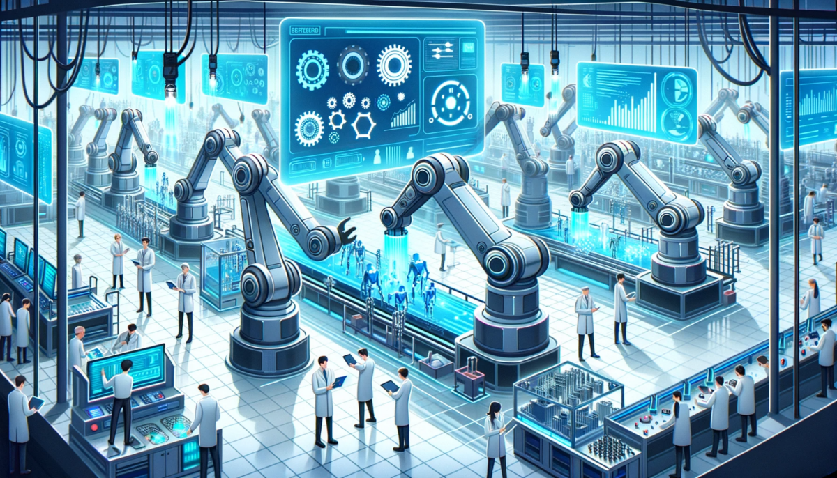 A factory with robots and people working in it.