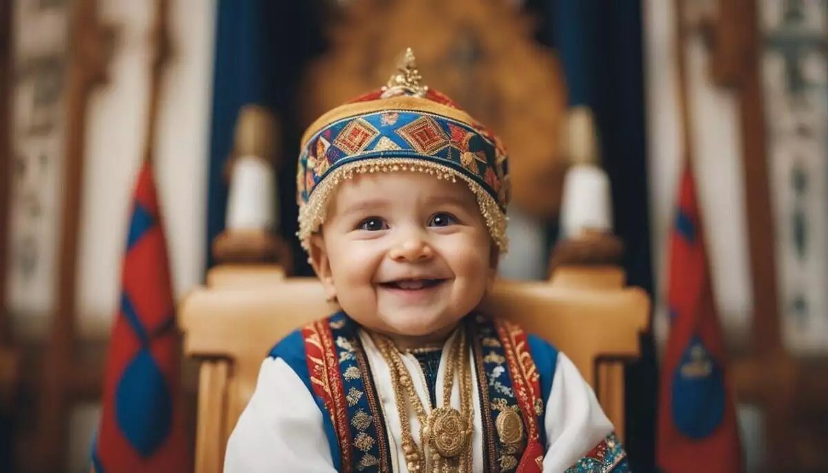 A baby wearing a traditional robe and hat, showcasing the rich Serbian culture.