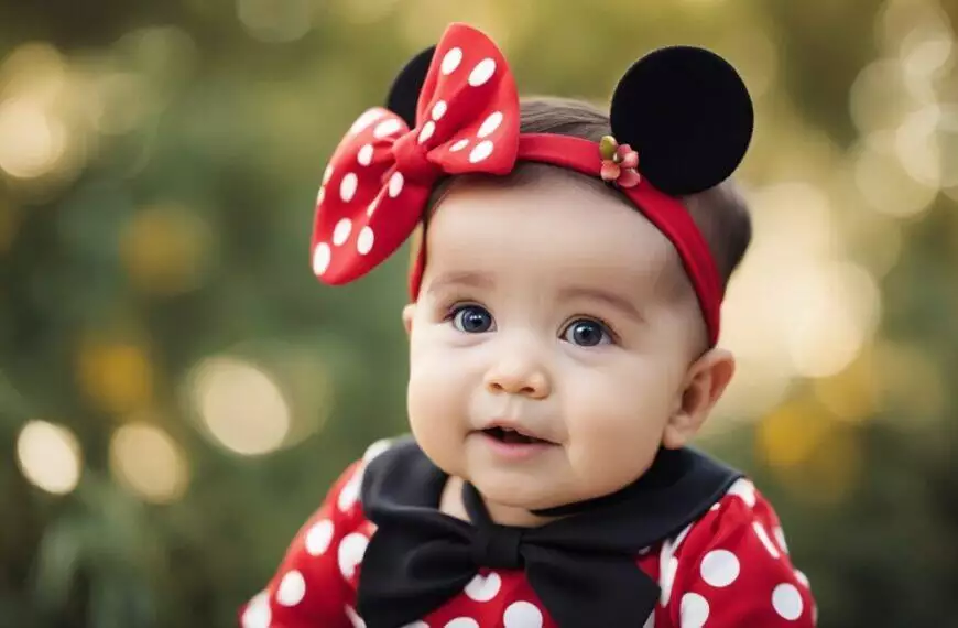 A Disney-loving baby in a Minnie Mouse outfit is looking at the camera.
