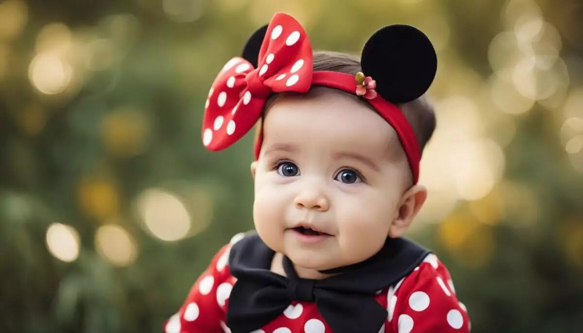 A Disney-loving baby in a Minnie Mouse outfit is looking at the camera.