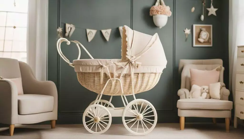 An image of a baby carriage in a room inspired by Downton Abbey.