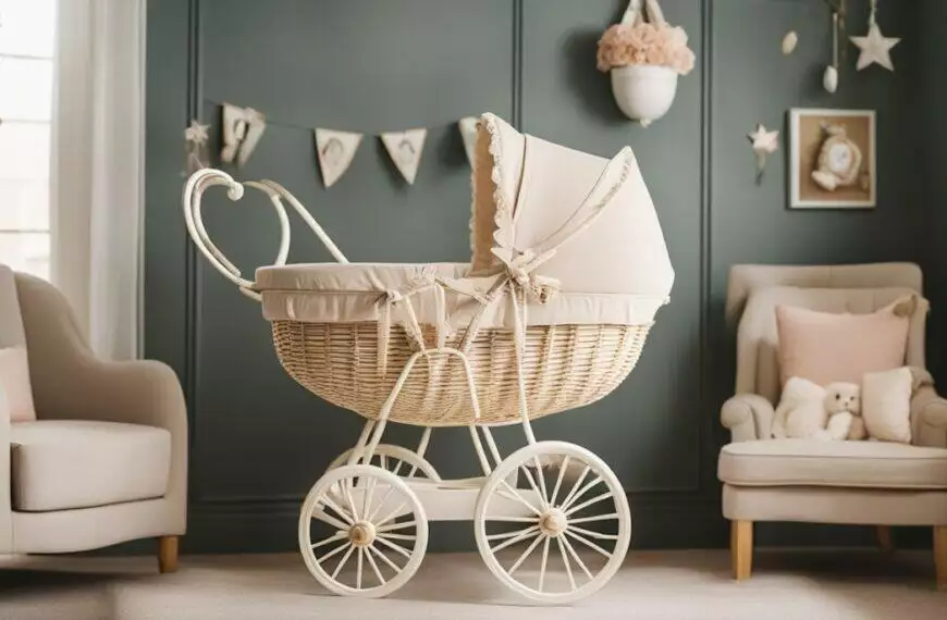 An image of a baby carriage in a room inspired by Downton Abbey.