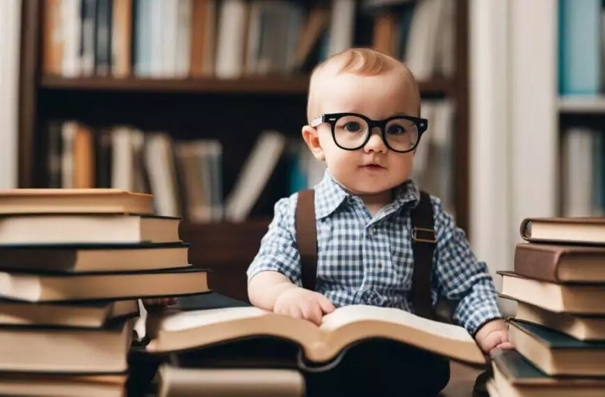 A nerdy baby wearing glasses is sitting in front of a stack of books.