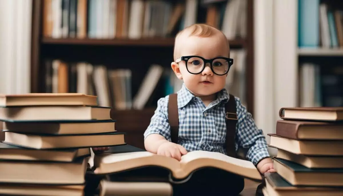 A nerdy baby wearing glasses is sitting in front of a stack of books.