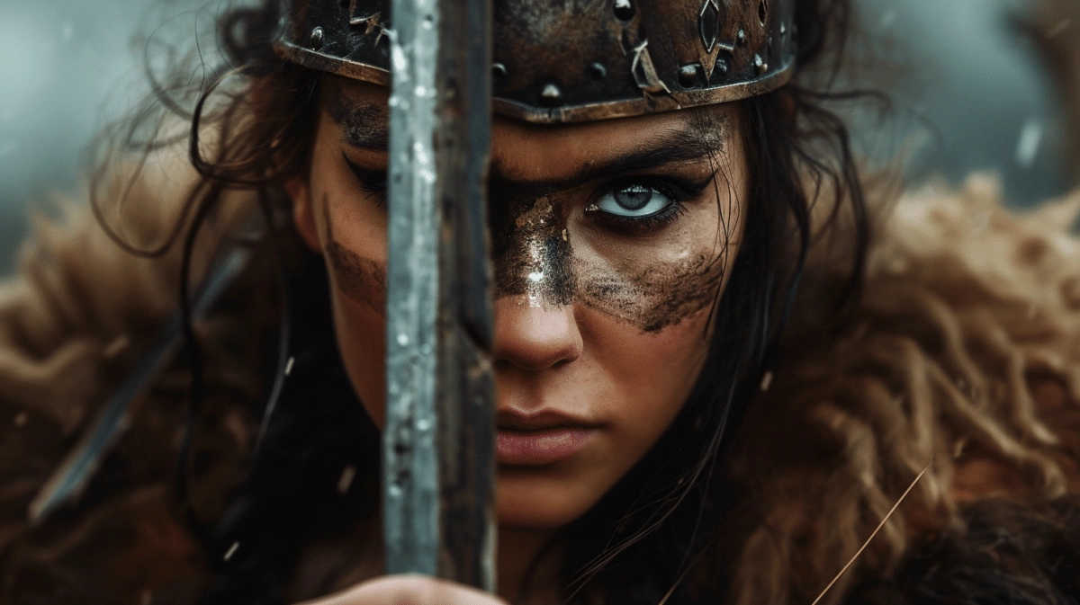 A woman in viking costume wielding a sword.
