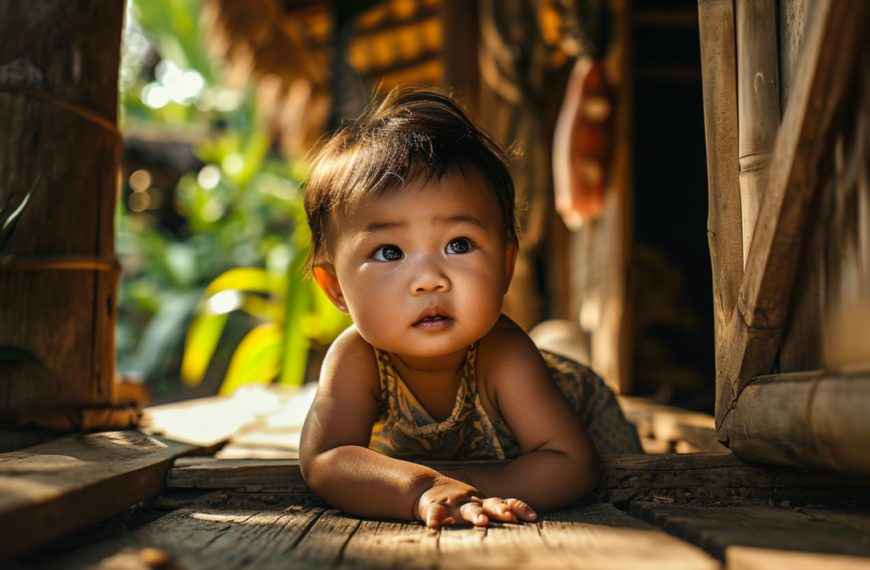 A cute baby is peacefully laying on a wooden floor in front of a hut.
