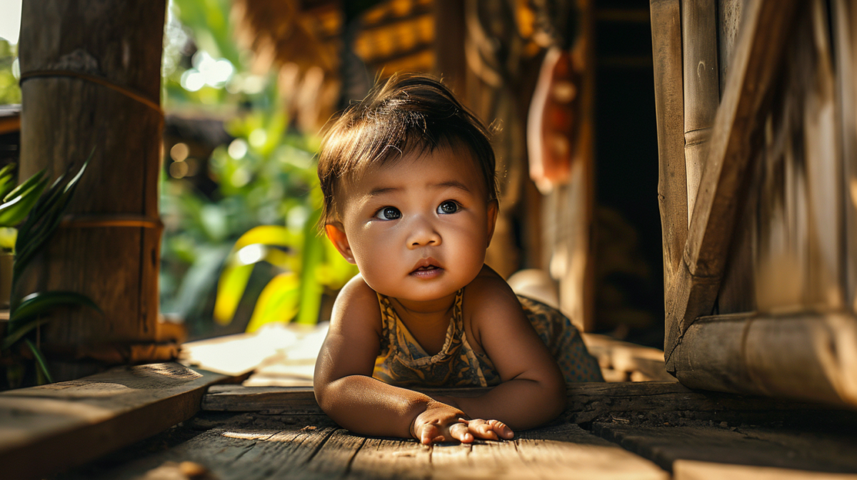 A cute baby is peacefully laying on a wooden floor in front of a hut.