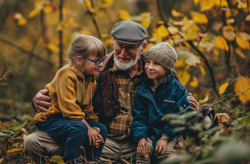 Two children and their grandpa sitting in the woods.