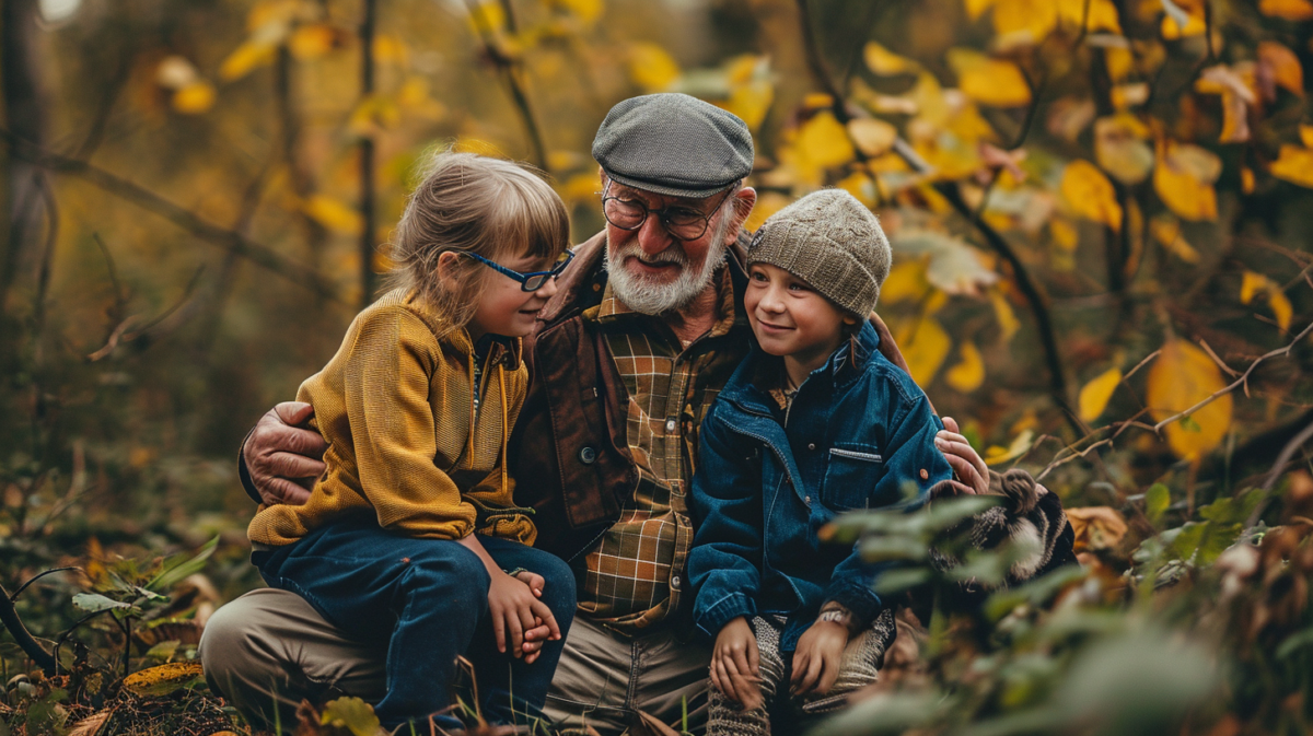 Two children and their grandpa sitting in the woods.