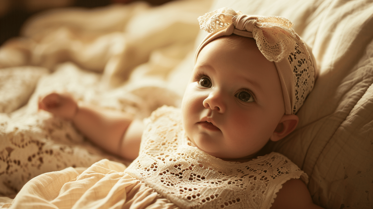 A vintage baby girl in a white dress peacefully laying on a bed.