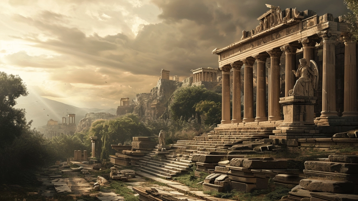 An ancient Greek city with ruins, known for its cloudy sky.