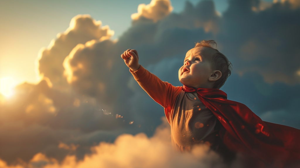 A child wearing a superhero cape floating in the clouds, embracing their inner hero with style and grace.